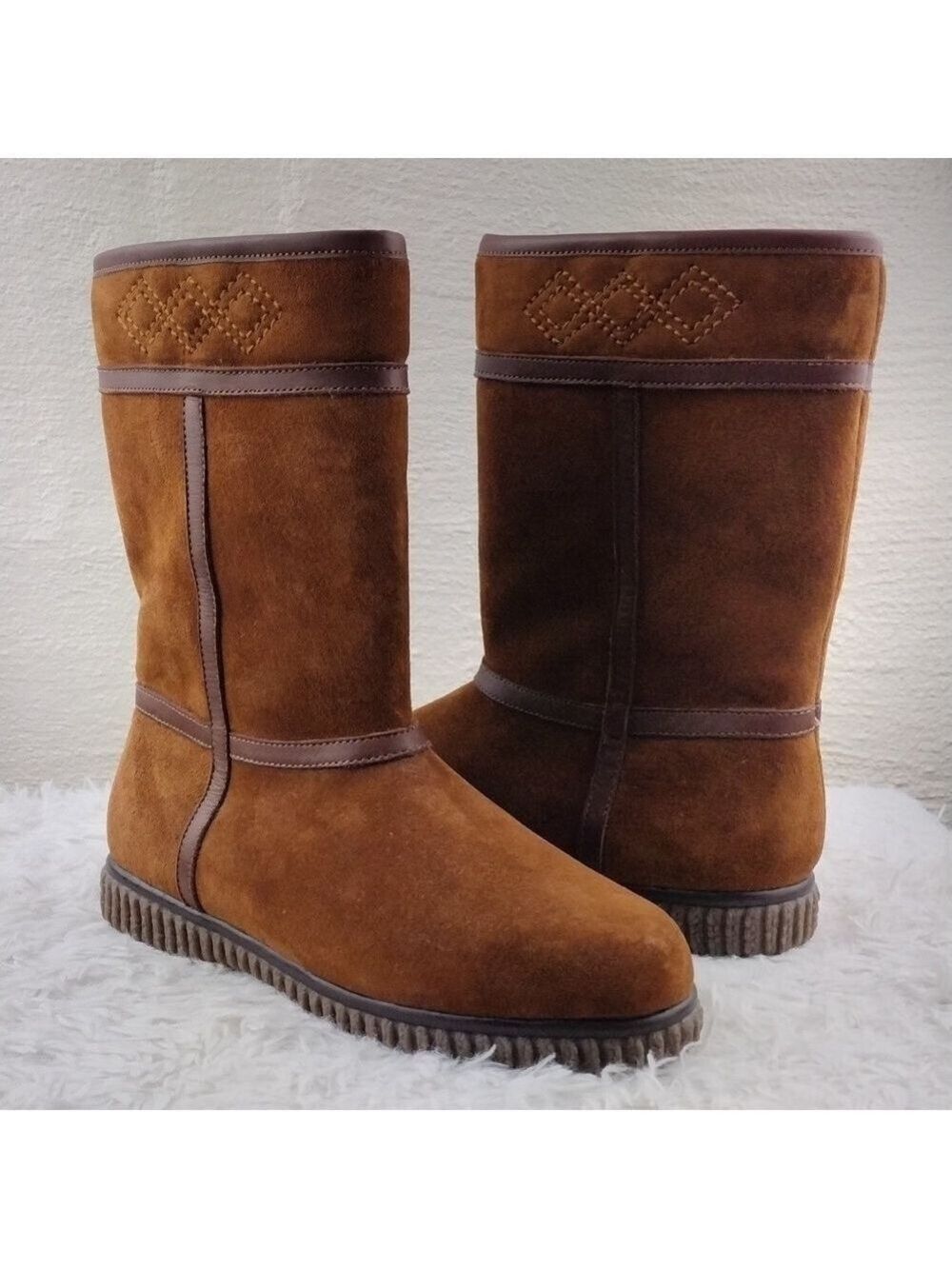 Bass Brown Suede Leather Faux Fur Almond Toe Pull On Mid Calf Waterproof Boot